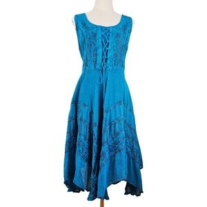 Fashion Terminal Dyed Boho Hankerchief Dress Free Size M L Teal Blue Embroidered